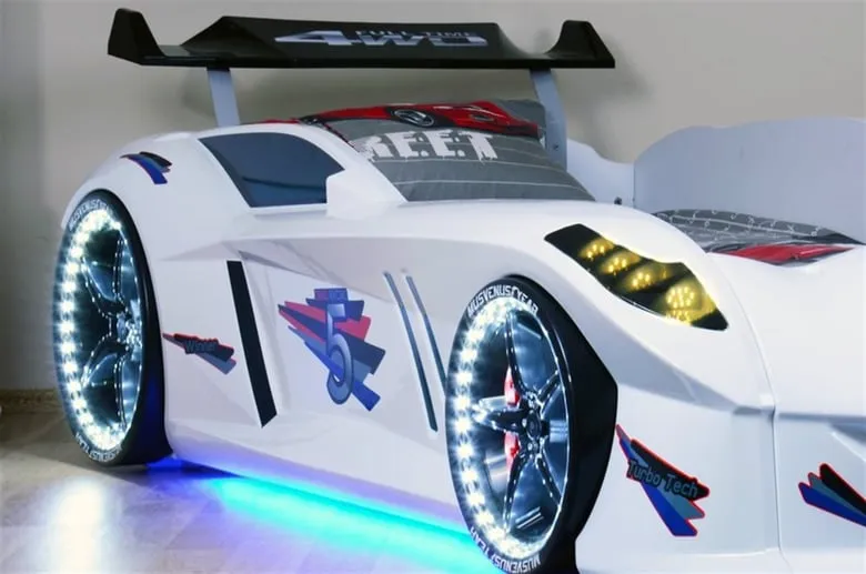 Ліжко машина MUSVENUS Jaguar Speedy boy white MAXI - підсвічування фар, коліс, дна, звук, пульт